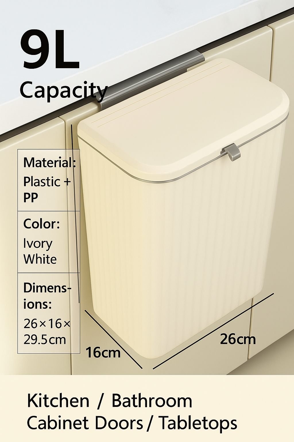 Hanging trash can for kitchen and bathroom – compact with lid