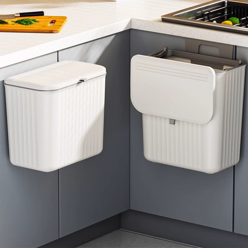Hanging trash can for kitchen and bathroom – compact with lid