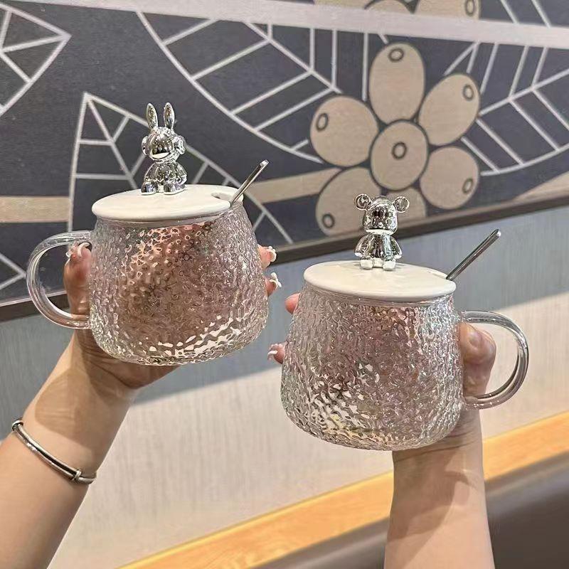 Cute glass mug with bear hammer design – stylish coffee and milk cup with handle