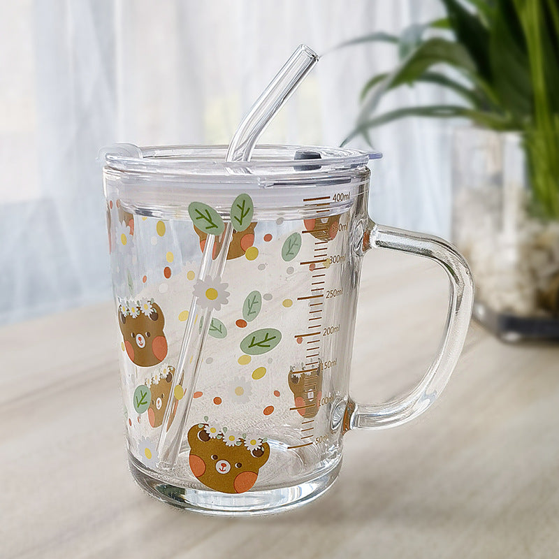 Niedliche Cartoon-Glastasse mit Strohhalm und Löffel - Milch- und Frühstückstasse