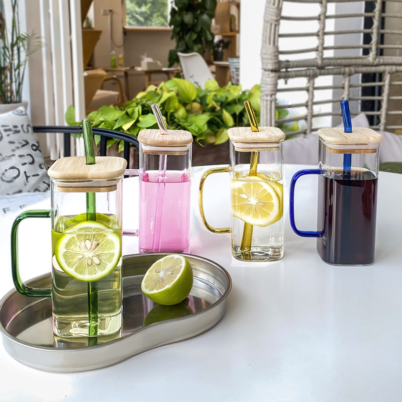 Square transparent glass cup with lid & straw – stylish and functional