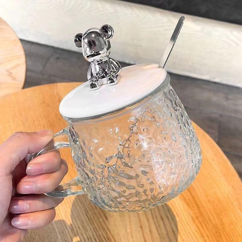 Cute glass mug with bear hammer design – stylish coffee and milk cup with handle