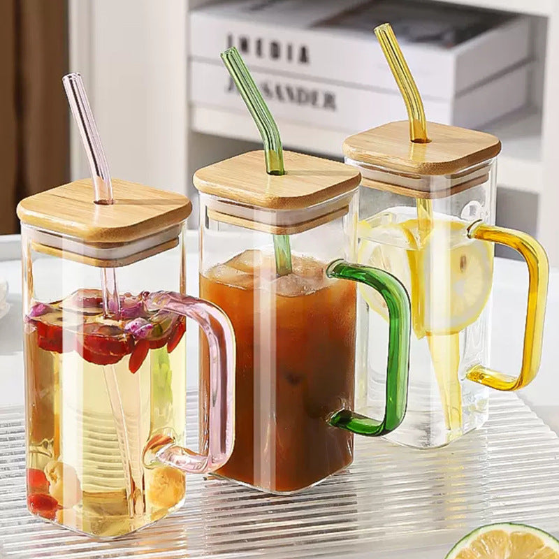 Square transparent glass cup with lid & straw – stylish and functional