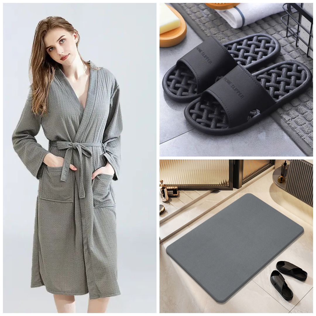 Wellness-Badezimmer-Set: Bademantel, Badematte & Hausschuhe