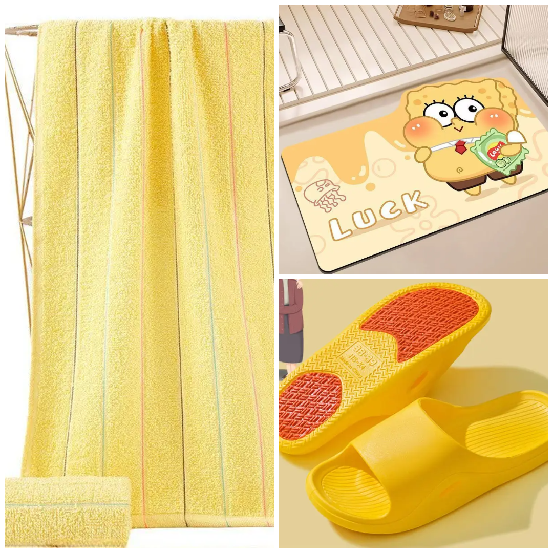 Badezimmer-Komfort-Set: Handtuch, Hausschuhe & Badematte